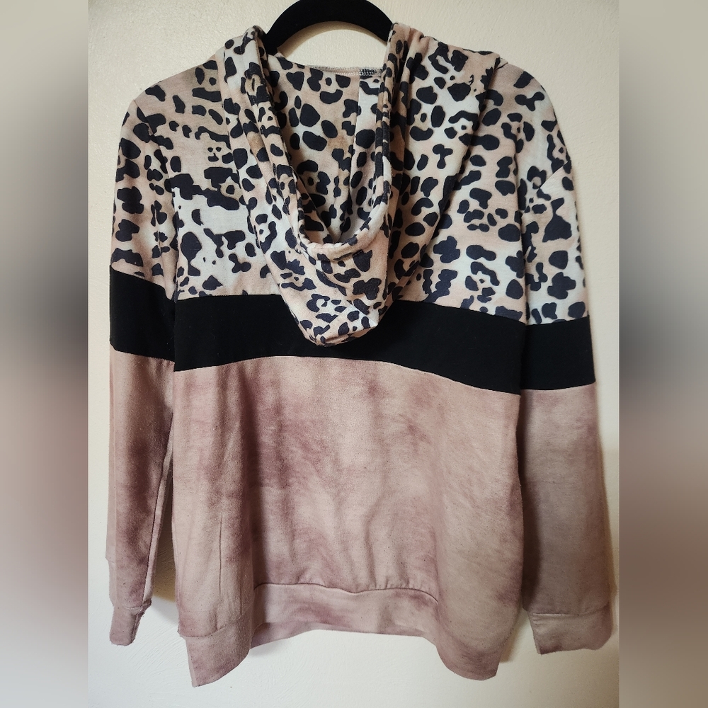 Leopard Print Colorblock Hoodie Size M - Picture 2 of 5